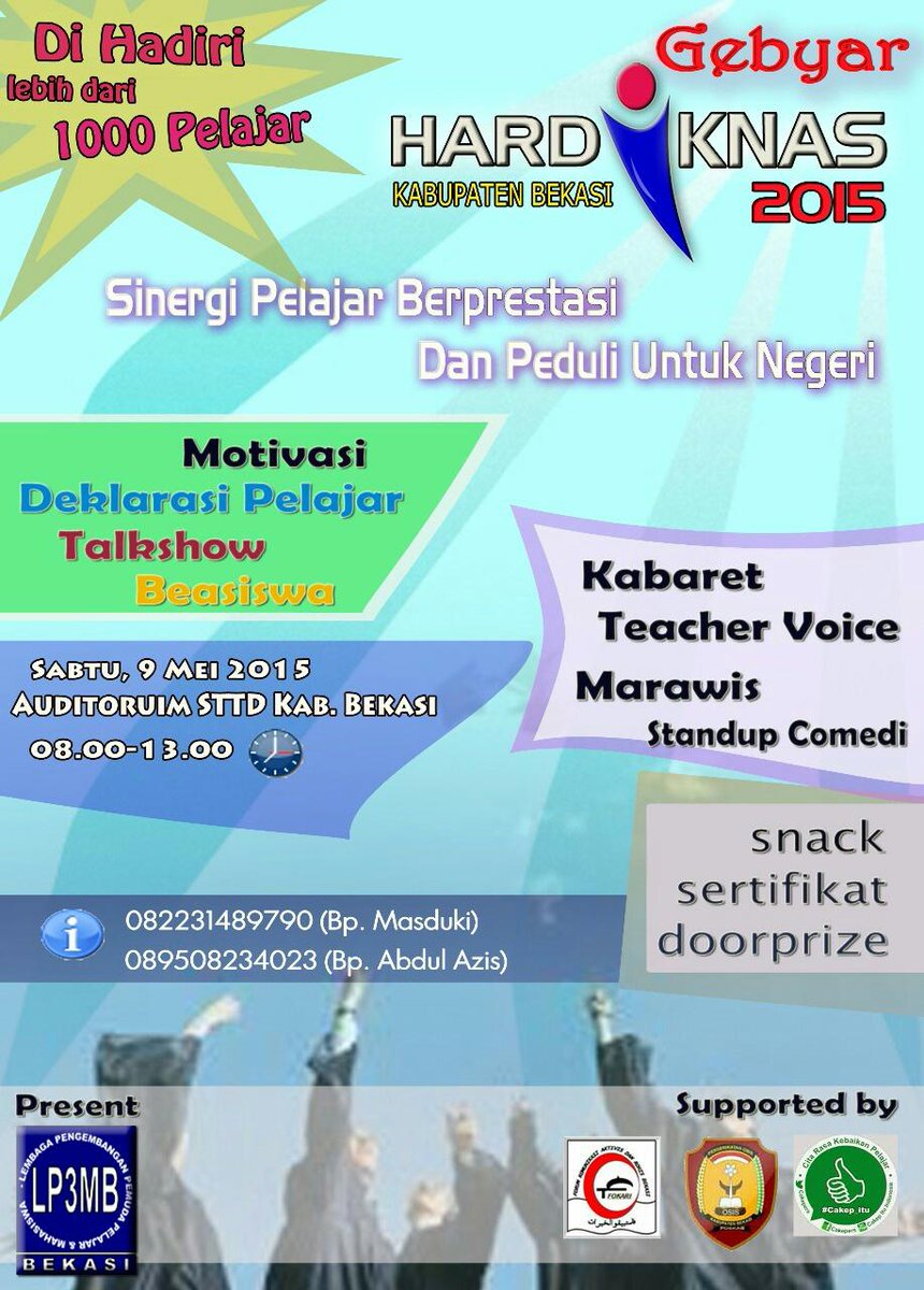 lp3mbbekasi's tweet photo. HADIRILAH ! Gebyar Hardiknas LP3MB.Sabtu 9 Mei,7-13 WIB Auditorium STTD Setu Kab.Bekasi. Di hadiri 1.200 pelajar SMA. http://t.co/zbywSy04Sp