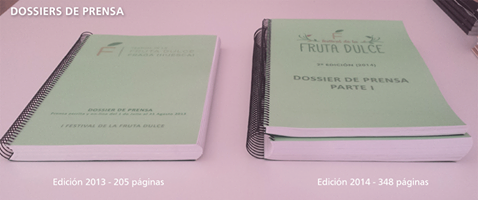 FestivalFruta's tweet photo. Aumento notable de repercusión en prensa. El dossier de la #edición2013 205 pág. #edición2014 con 348 pág. Creciendo! http://t.co/xUfehevhs7