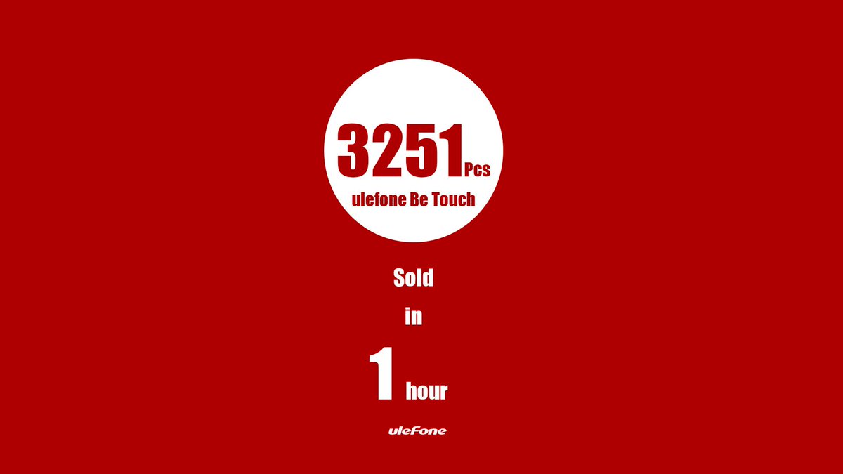UlefoneMobile's tweet photo. 3251! That is the number of the Ulefone Be Touch devices that been sold in one hour!

#Ulefone #BeTouch http://t.co/VOKVQJpg61