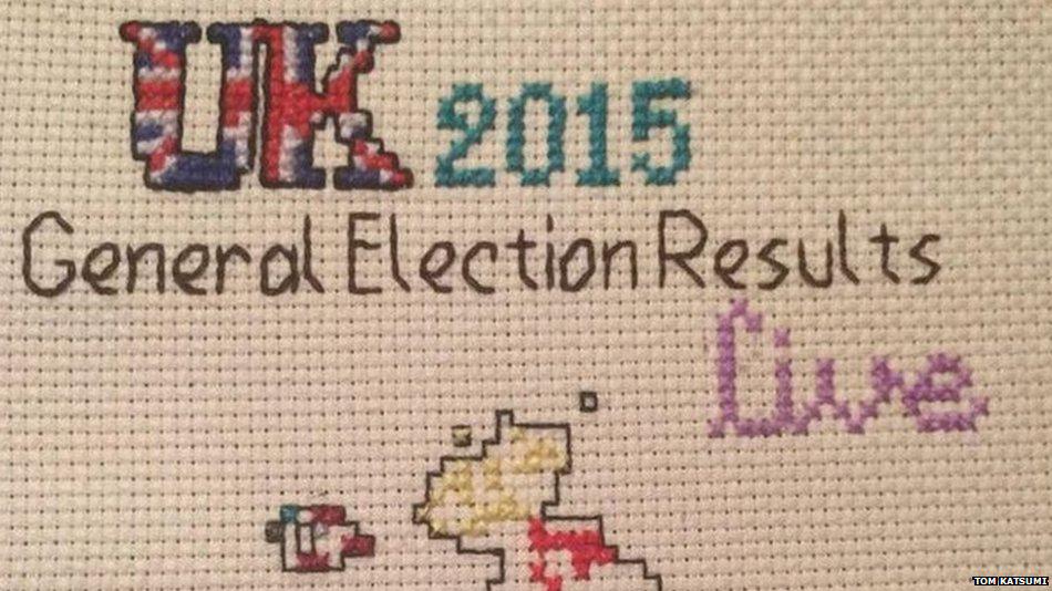 Man's mission to cross-stitch #GE2015 results through the night bbc.in/1EUvY4Z