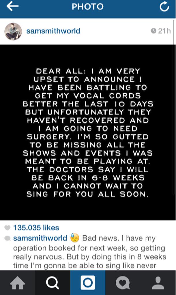 ItsSamSmithFan's tweet photo. I'm really sad 😭 #GetWellSoonSamSmith #WeLoveYouSamSmith @samsmithworld ❤️❤️❤️❤️❤️❤️❤️ http://t.co/mQm5v8LsvR