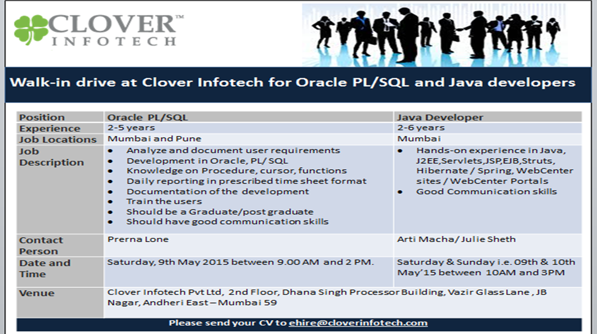 _CloverInfotech's tweet image. Walkins at Clover Infotech for Oracle PL/SQL and Java developers in Mumbai #OraclePLSQL #Java #CloverInfotech
