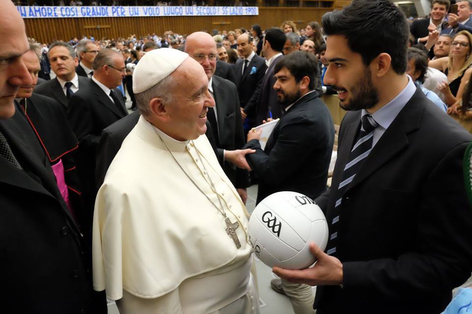 Great to see <a href="/LazioRomeGAA/">SSLazioCalcioGaelico</a> representing the #GAA yesterday &amp; giving <a href="/Pontifex/">Pope Leo XIV</a> a Gaelic Football! #BeThereAllTheWay