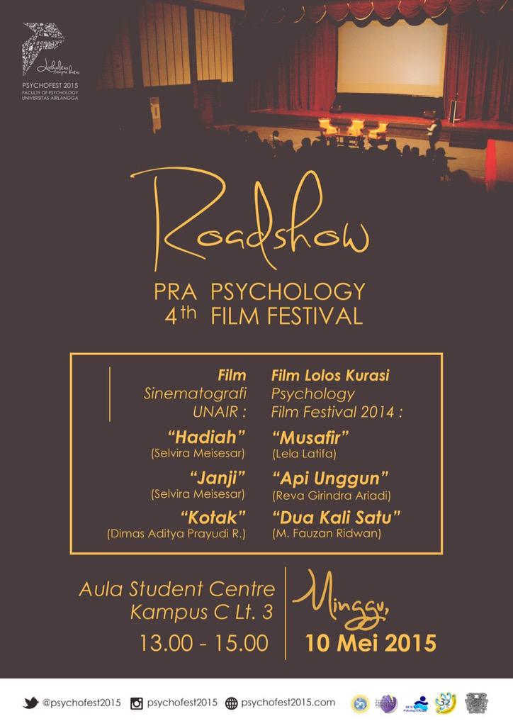PsychofestUNAIR's tweet photo. Roadshow #PsychologyFilmFestival Minggu ini pukul 13.00-15.00 di Aula Student Centre Kampus C lt 3 UNAIR @SinesmaUB http://t.co/STyuSSACrL