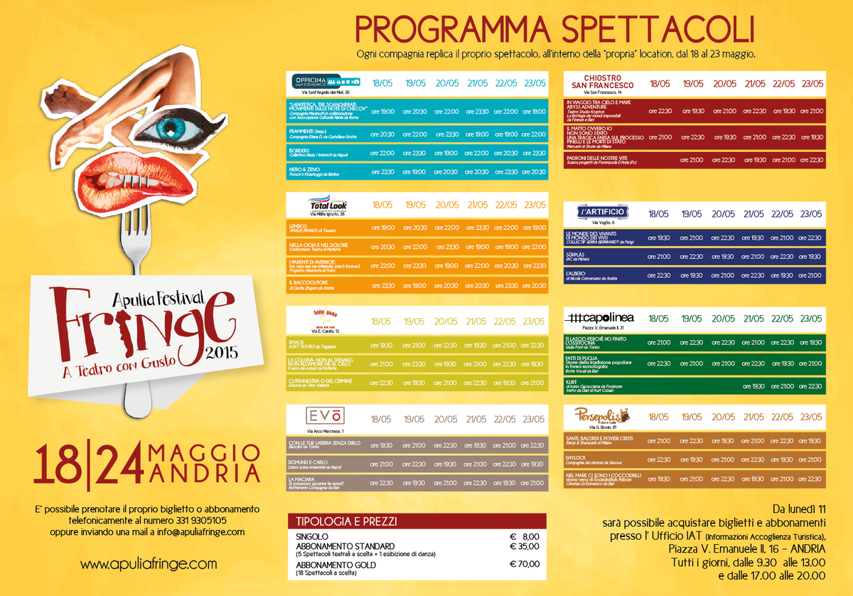 ApuliaFringe's tweet photo. Ragazzi, ci siamo! Ecco il tanto atteso programma dell' #ApuliaFringe! Save The Date, 18-24 maggio 2015, #Andria. http://t.co/4RVLQaWVaZ