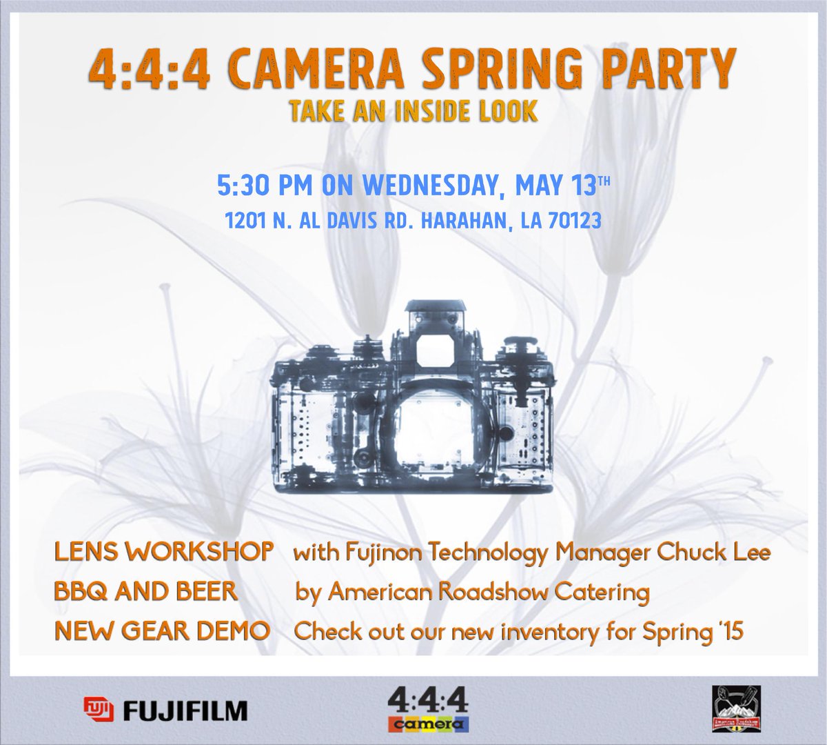 444Camera's tweet image. Join us for a Spring fling Wed. 5/15 at 5:30. @FujifilmOptical lens workshop, @fooddrunknola eats, new gear highlight