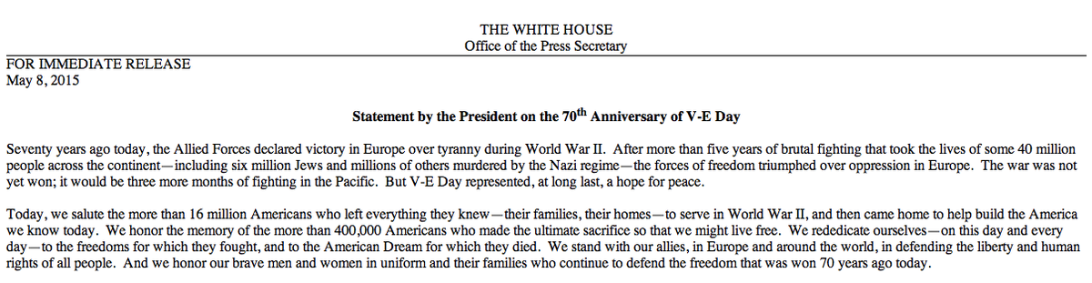 ObamaWhiteHouse's tweet photo. "70 years ago today, the Allied Forces declared victory in Europe over tyranny during World War II." —Obama #VEDay70 http://t.co/ecLrykOQ9n