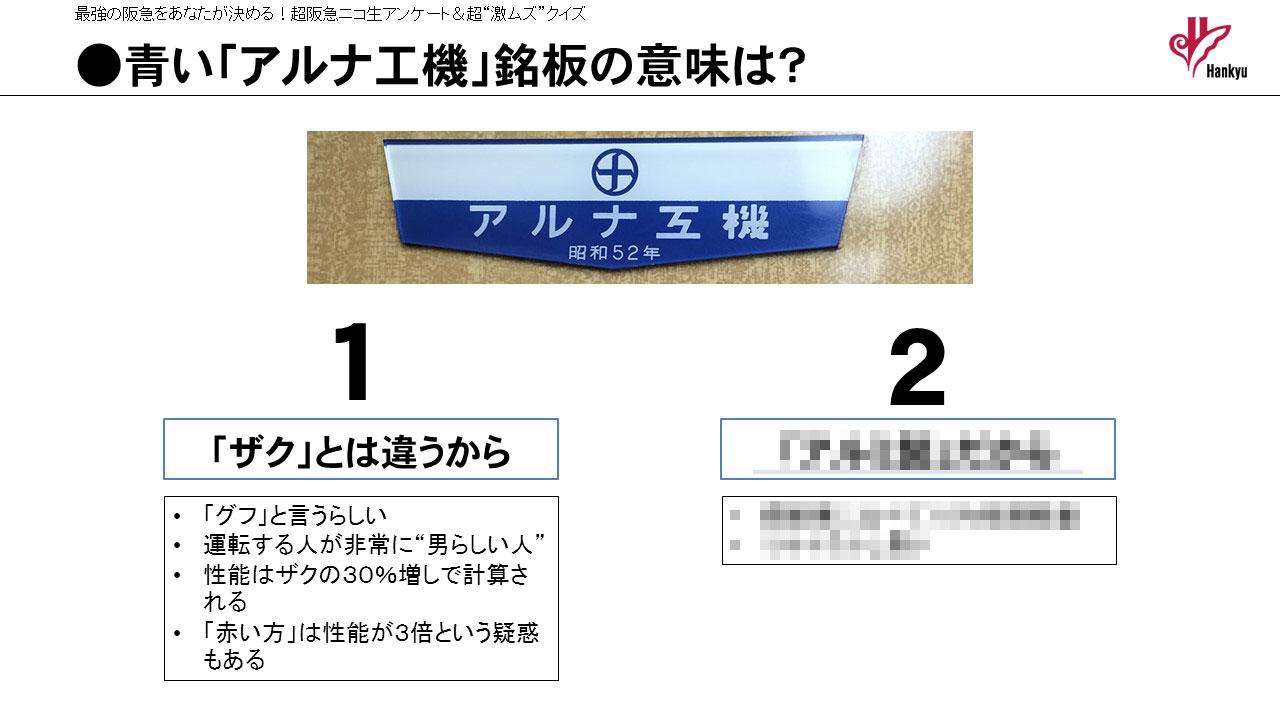 阪急電鉄 公式 青いアルナ工機の銘板に込められた意味は何でしょうか ニコニコ超会議では2択でしたので 正解の方にモザイクを入れておきますね 答えは後日 こちらで発表いたします Http T Co Hrdwkqn3cr Twitter