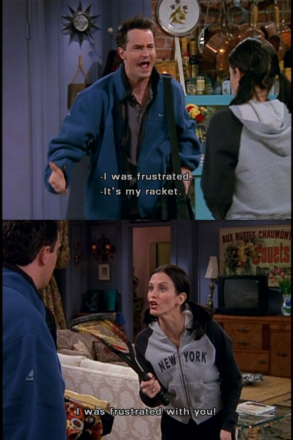 friends_quotes1's tweet photo. #Chandler: At least you hid ur feelings well about it. (Removes smashed racquet from bag)
#Monica: I was frustrated. http://t.co/aavNV2l5cO