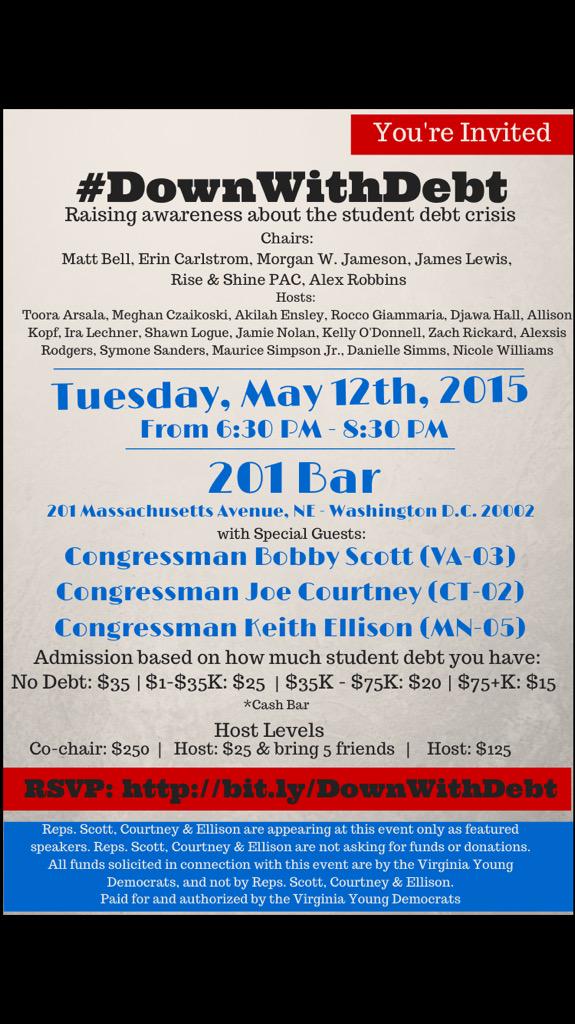 RiseShinePAC's tweet photo. Please join the VA @YoungDems for their #DownWithDebt awareness event!  Tickets here:   http://t.co/A1uiwnZSiI http://t.co/OEE0D548VA