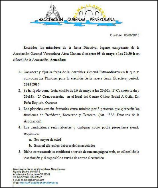 AC_AlmaLlanera's tweet photo. Convocatoria Asamblea General Extraordinaria para la elección de nueva Junta Directiva año 2015-2017 http://t.co/0uKOde0gtp