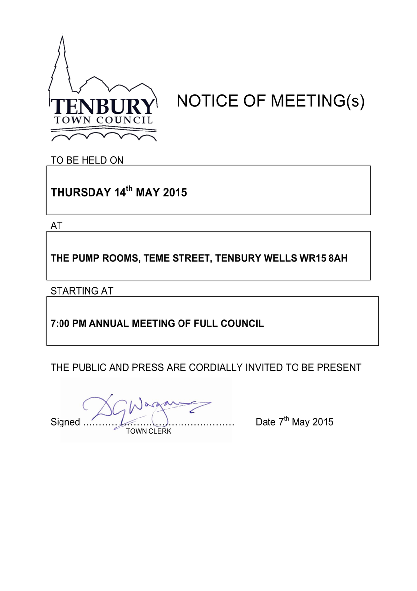 TenburyTC's tweet photo. Annual Meeting Agenda http://t.co/UwC8CH5kqb.  Come along and meet you new Councillors. #localdemocracy http://t.co/rsKp9VyEKP