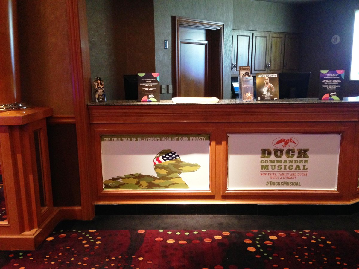 DucksMusical's tweet photo. What time is it? Time to get your Duck Commander Musical tickets!! Check out the awesome camo on our box office! http://t.co/52PK8Pr0bR