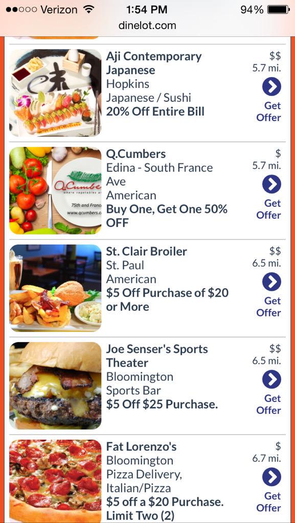 A screenshot of some of the Dinelot.com #restaurant offers: