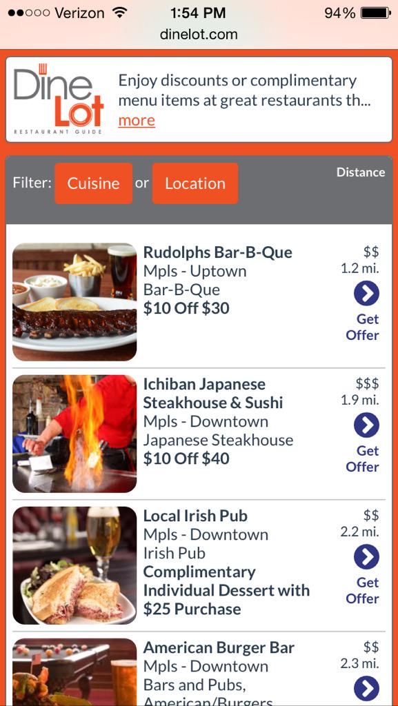 Another screenshot of the dinelot.com discounts at local restaurants:
