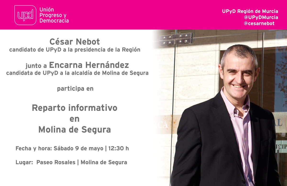 UPYD_RegMurcia's tweet photo. Desde 12:30h @cesarnebot @encarnahr y compañeros de @UPyDMolinadeSeg harán reparto informativo con propuestas #24M http://t.co/lzuWj7QvpT