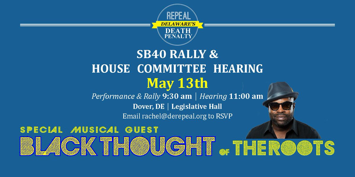 DERepeal's tweet image. Meet us There!!!! 5/13 at 9:30 --- Hearing of SB 40 following at 11am
@blackthought @theroots #BlackLivesMatter