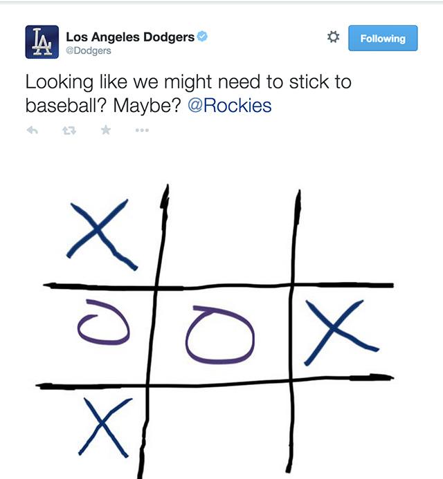 Cut4's tweet photo. The @Rockies and the @Dodgers played Twitter tic-tac-toe through their rain delay: http://t.co/84rbiOJv5K http://t.co/lyB16vPlBm