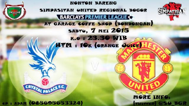 [INFONOBAR] <a href="/CPFC/">Crystal Palace F.C.</a> vs <a href="/ManUtd/">Manchester United</a> • <a href="/garagecoffee_id/">GarageCoffeeShop</a> • OG : 23.00 • HTM : 10k (drinks) <a href="/Lokasi_Nobar/">Lokasi Nobar</a> ( cc:<a href="/SimpatisanUtd/">Simpatisan United</a> )