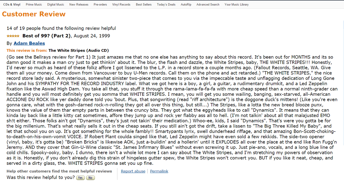 _MusicStory's tweet photo. The first-ever Amazon review of The White Stripes is something to behold #News http://t.co/VAw8xq8XuQ http://t.co/2gmfWz2RZF