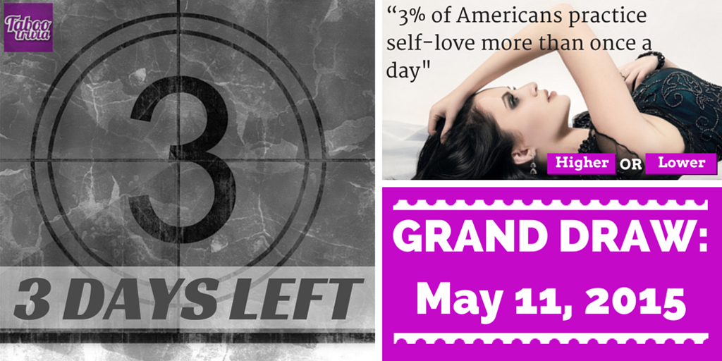 Taboo_Trivia's tweet photo. 3 Days Left: 3% of #Americans practice #selflove more than once a day. Click http://t.co/qnl3PsTPr9 #TabooTrivia http://t.co/VRKgNnZvHC