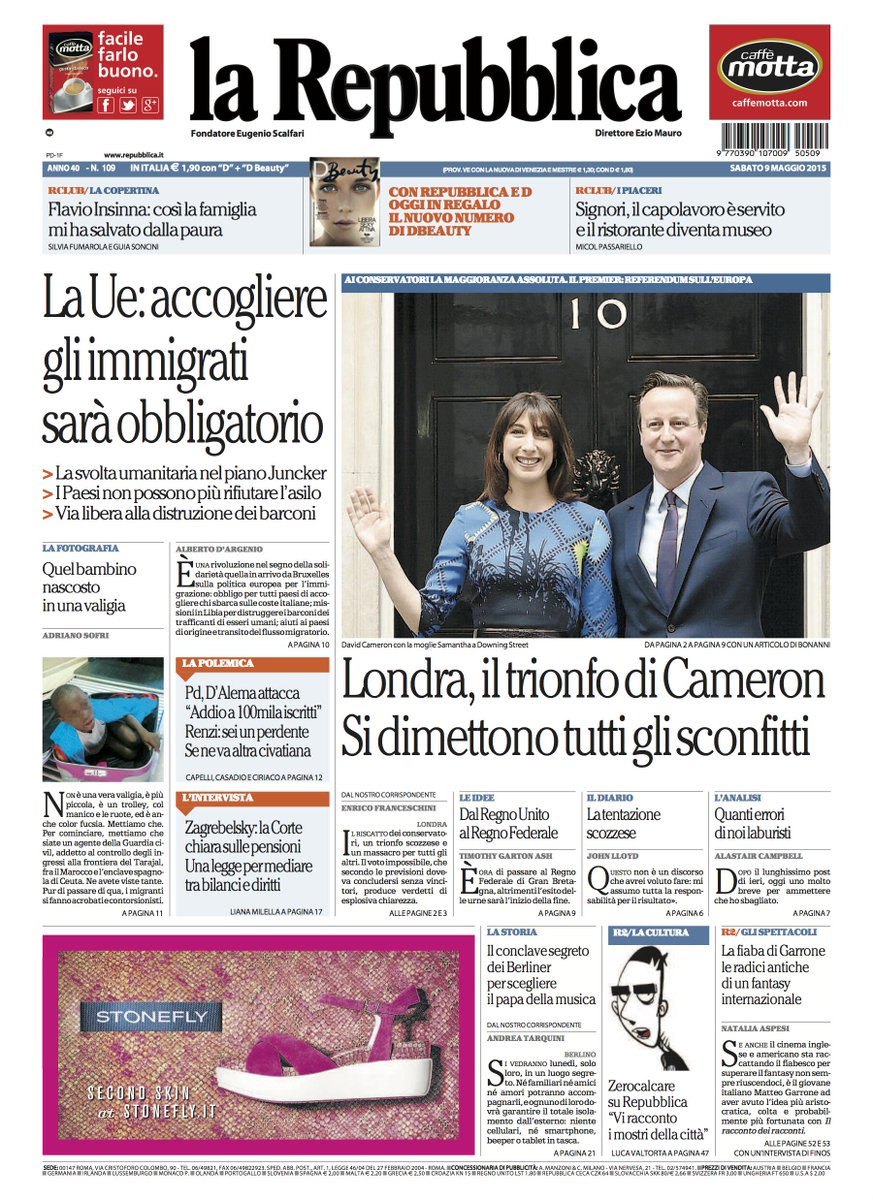repubblica's tweet photo. La Ue: accogliere gli immigrati sarà obbligatorio. La prima pagina di Repubblica di oggi http://t.co/vDANlmbXwe