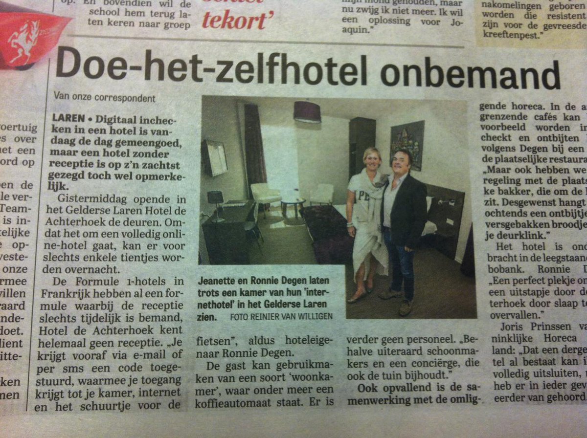 “<a href="/JanColijn/">Jan Colijn</a>: #Telegraaf: opmerkelijk onbemand oline-hotel in Achterhoek ” unieke samenwerking ondernemers Laren!