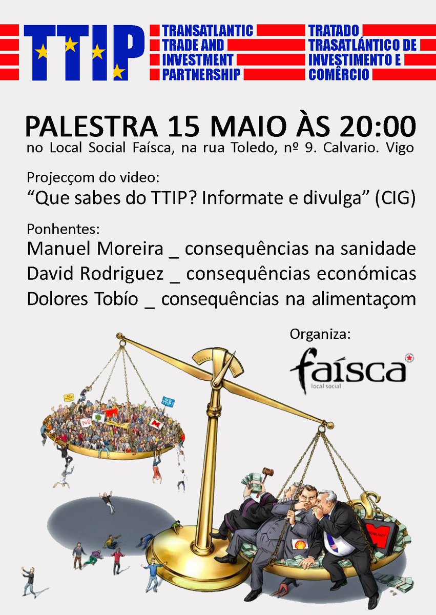 faisca_vigo's tweet photo. Ven informar-te sobre as consequências do TTIP. 15 de maio às 20:00. http://t.co/hiB07M8dWW