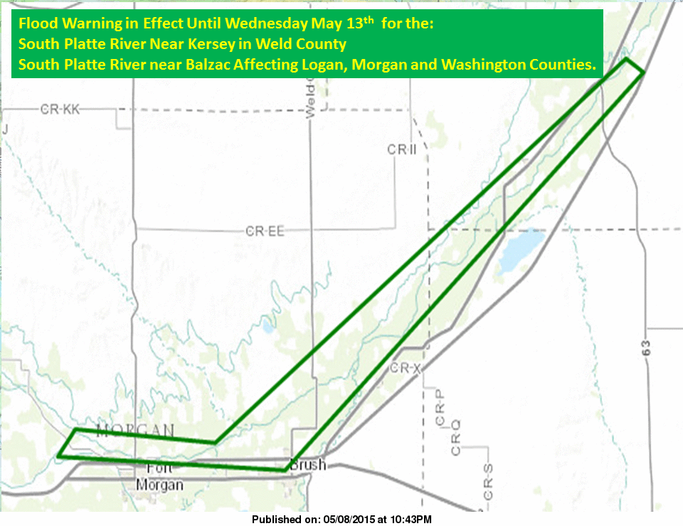 NWSBoulder's tweet photo. Flood Warning for the Platte River affecting Weld, Logan, Morgan and Washington Counties through May 13th. #cowx http://t.co/wWip81nO6P