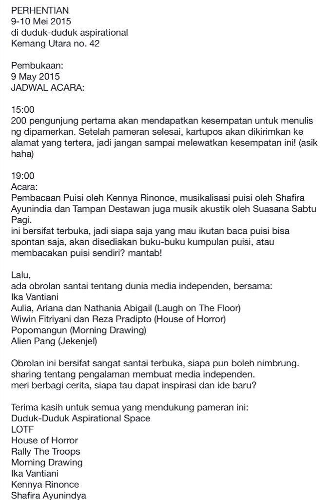 delllana's tweet photo. PERHENTIAN
9-10 Mei 2015
di duduk-duduk aspirational
Kemang Utara no. 42

Pembukaan:
9 May 2015
15.00 http://t.co/Z1zoxkpwRP