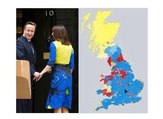 faisalislam's tweet photo. So @ssmyth191 points out back of Mrs Cameron's dress returning to No10, rather resembles Britain's new electoral map: http://t.co/C0PMrC2C9Y