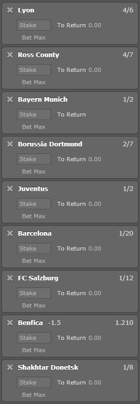 BullsTips's tweet image. Saturday Acca: Lyon, Ross County, Munich, Dortmund, Juve, Barca, Salzburg, Benfica -1.5 &amp;amp; Shakhtar to win @ 10.73/1