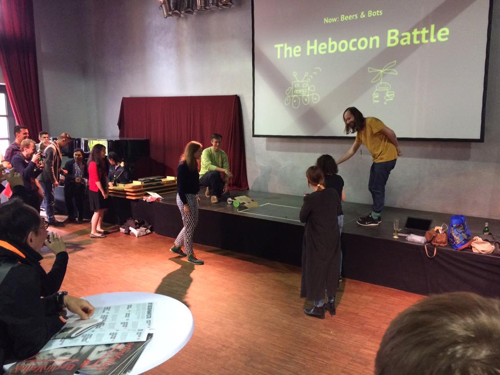OpenSensorsIO's tweet photo. A tense atmosphere falls over @thingscon #thingscon as #hebocon robot battles commence! #IoT http://t.co/b1C6bMtuy6