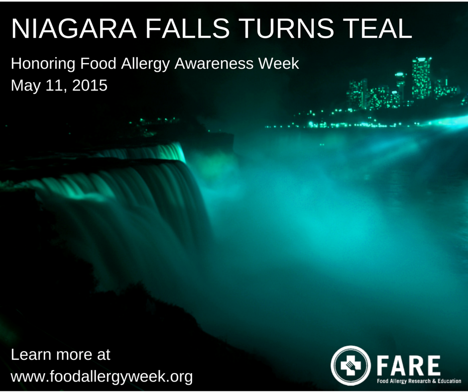 FoodAllergy's tweet image. On 5/11 @NiagaraFalls will be lit teal to honor #FoodAllergy Awareness Week! Thanks to a FARE volunteer!