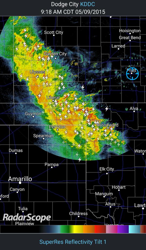 BoilerChasers's tweet photo. KDDC - SuperRes Reflectivity Tilt 1,  9:19 AM Getting there. http://t.co/qLmcK7dGvy