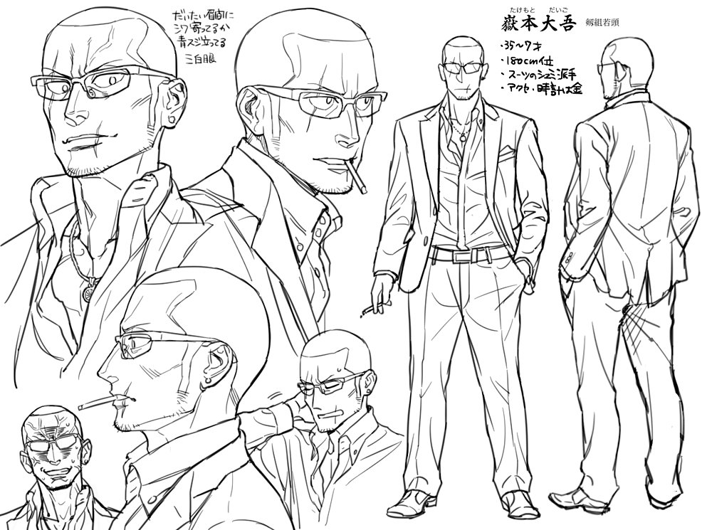 三人まとめてからにしようと思ったけど男二人描けたので上げちゃいます。嶽本と亘理といいますよろしく。
執行部っていうのは組長の下で若頭を筆頭に組の運営をしていく上層部の組員みたいな感じかと思われます。亘理は嶽本のすぐ下の位置かなと。