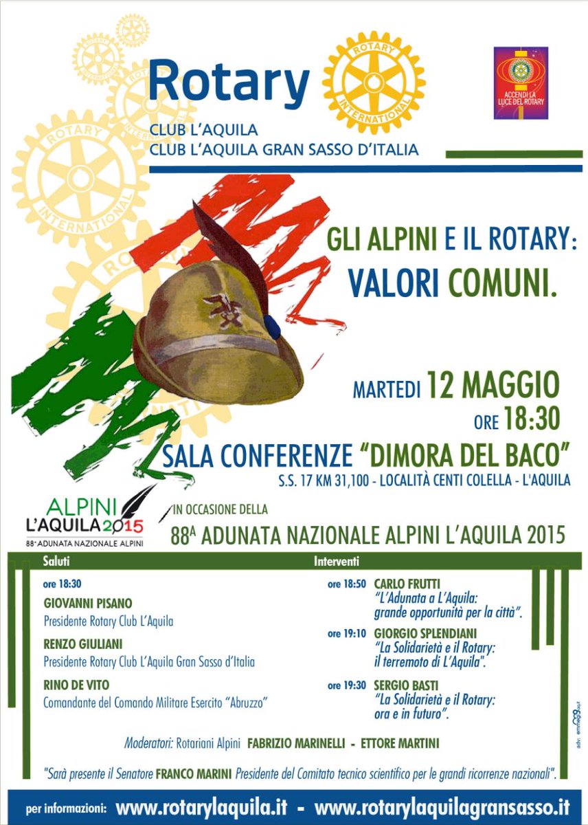 "Alpini e Rotary: valori comuni",convegno in occasione dell'adunata nazionale degli Alpini, mart 12 Maggio ore 18:30