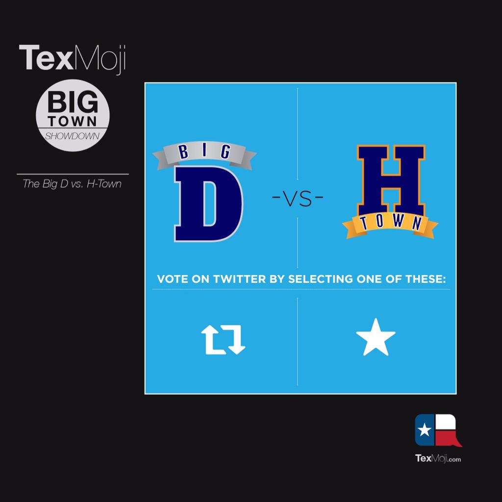 TexMoji's tweet image. Big town showdown: 
RT for Dallas
Fav for Houston