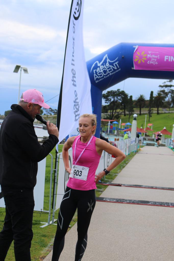 MDC_Geelong's tweet photo. Our 8km women's winner Catherine Allison at the finish line at @MDC_walk_run in #geelong #MDC2015 http://t.co/UvY8mHoURF