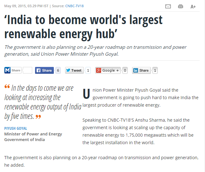 PcMNavy's tweet photo. PM @narendramodi ji set to increase India's renewable energy to a massive 1,75,000 MW.
#AtalJanBima #TweetRobo http://t.co/GG7h3B8Oze