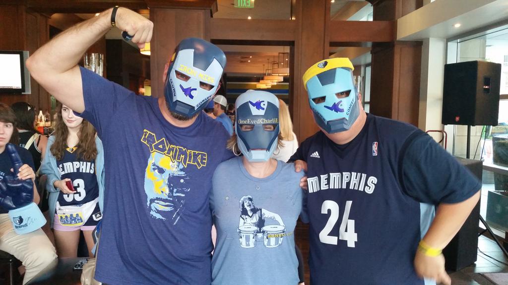 downtownbleu's tweet photo. Under these @mconley11 masks are @GrizzBongoLady @Cullen4 & @BeauregardJones. https://t.co/f1LDJCBKnS #BongoBash http://t.co/luOIcWGRm1