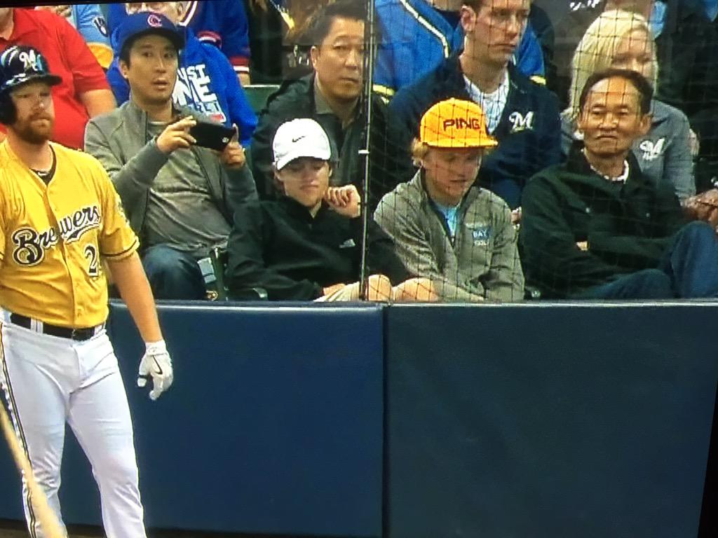 SHATwrigley's tweet photo. The family sitting around him is wondering why that white kid has their last name on his hat #Brewers #Cubs http://t.co/KZh9B550qY