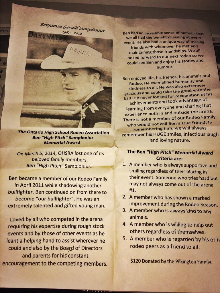 rodeoannouncer's tweet photo. The #OHSRA awarded the inaugural Ben "High Pitch" Samplonius Memorial Award. Whomever wrote the criteria got it right http://t.co/44Rw10nlDe