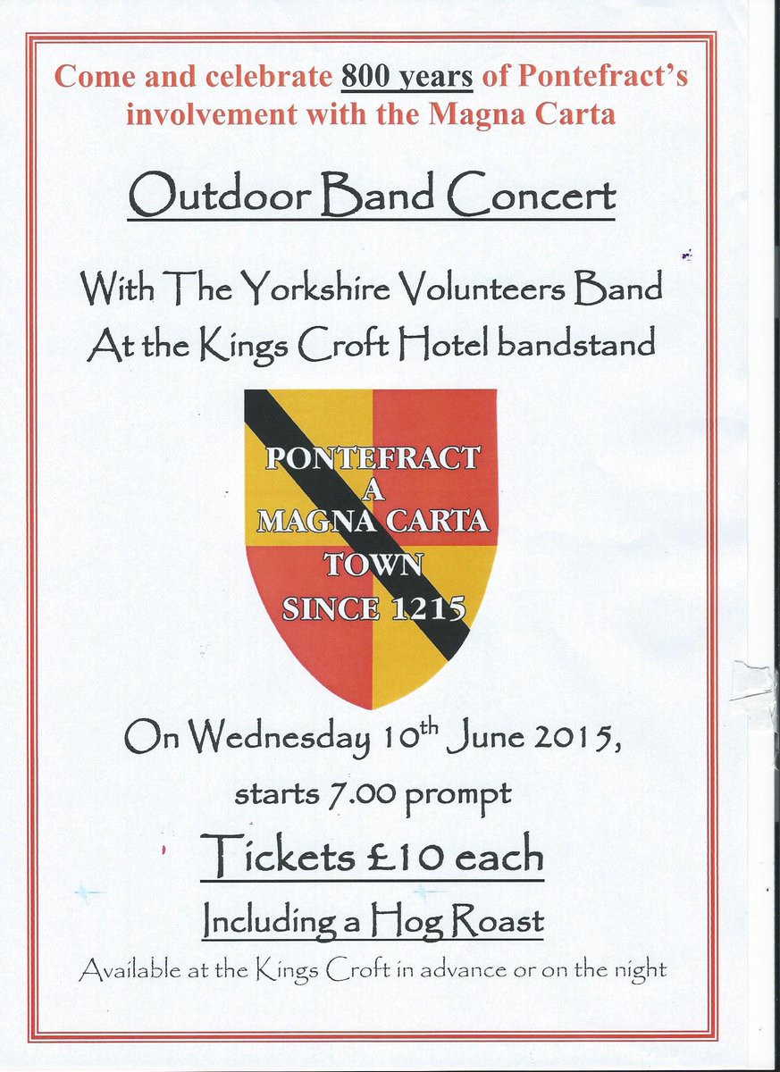 PonteMethodists's tweet photo. Come along #BandConcert #KingsCroft #Bandstand #Pontefract to celebrate #MagnaCarta #800th tickets £10 inc.hog roast http://t.co/jv7LcOnl9J