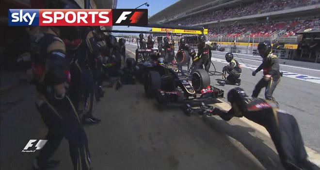 SkySportsF1's tweet photo. WATCH: There was more pit-stop drama at Lotus as Grosjean sent his jackman flying http://t.co/aXZtVbFBGj #SkyF1 http://t.co/ItCgazSQA8