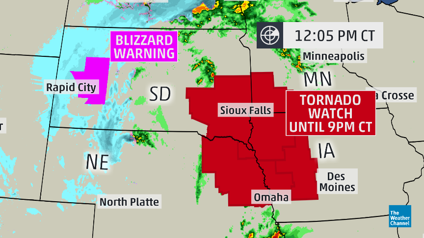weatherchannel's tweet image. It's not everyday that you see this.  A #Blizzard warning &amp;amp; #Tornado Watch in the same state at the same time