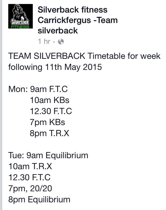 SilverBackNI's tweet photo. Timetable for this week Woop Woop can't wait to get back in the swing!! #FITFOR2015 http://t.co/hp8gU5zX0T