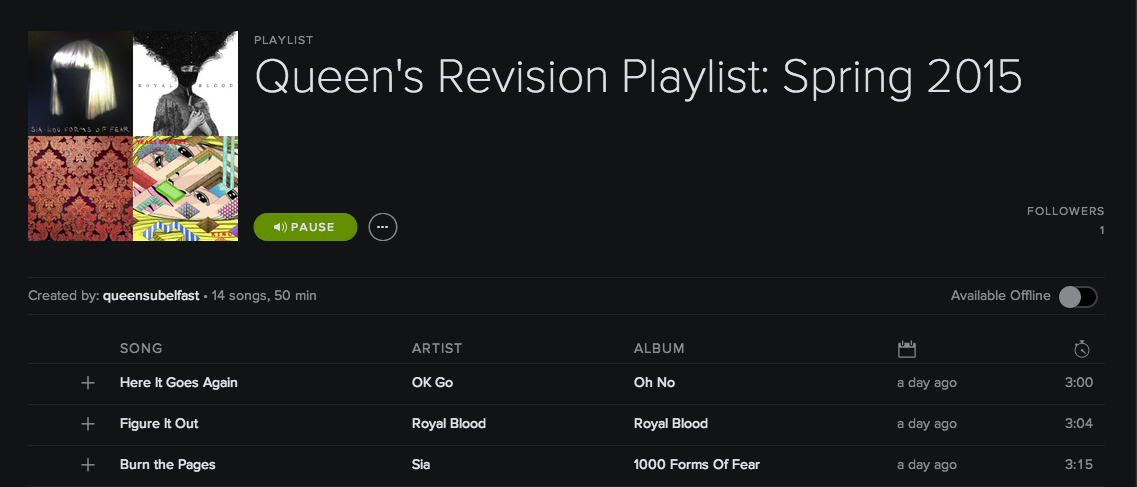 QUBelfast's tweet photo. Updated #RevisionPlaylist. Did your track make the cut? Tell us want you want added. http://t.co/HhPTJup2Ql #LoveQUB http://t.co/KEuoT8Nw8q