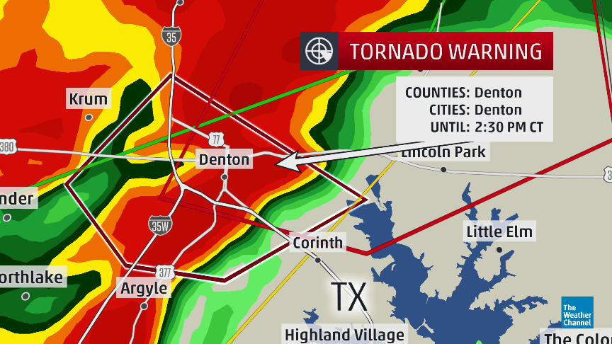 weatherchannel's tweet photo. 2:29pm CT: Multi-vortex #tornado crossed I-35 north of Argyle, #TX. Moving through Denton. Take shelter now! #TXwx http://t.co/y6Exo87lst