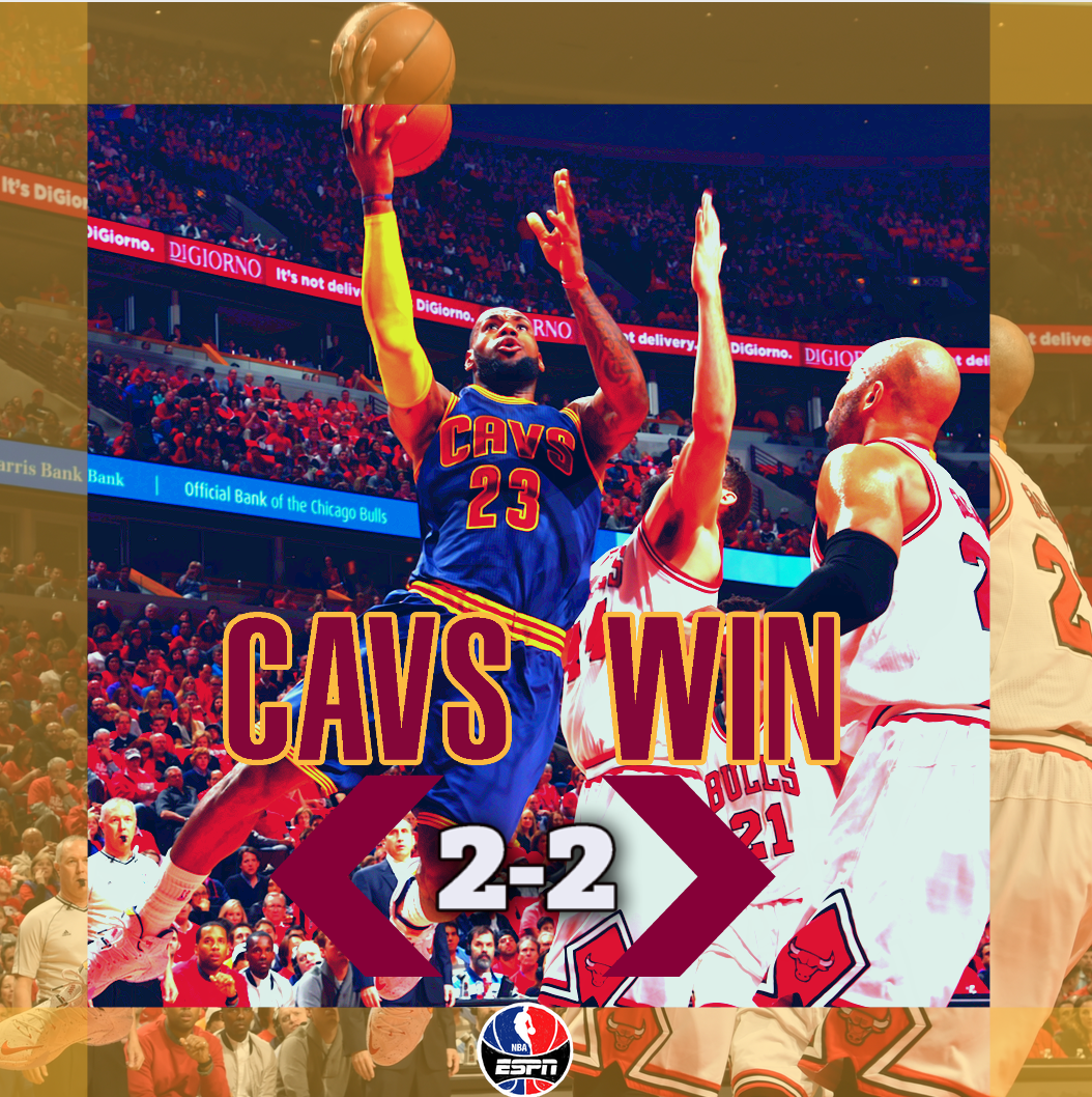 ESPNNBA's tweet photo. BUZZER BEATER! LeBron sinks the jumper as time expires as Cavs  beat Bulls, 86-84. Series is now tied, 2-2. http://t.co/rMQWgDEyzW